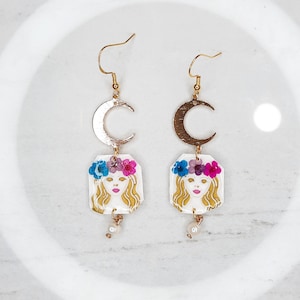 Virgo Earrings - Zodiac, Maiden, Virgin, Real Pearls, Pressed Flowers, Blue, Purple, Pink, Gold, Moons, Polymer Clay