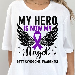 Rett Syndrome Awareness Svg Png, my hero is now my angel Svg, Purple Ribbon Svg Cricut Cut File Png Sublimation Designs