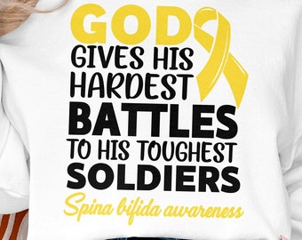 Spina Bifida Awareness Svg Png, God Gives His Hardest Battles to His Spina Bifida Awareness Svg, Yellow Ribbon Svg Cricut Sublimation Design