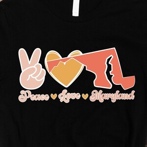 Frieden Liebe Maryland Bundesstaat SVG, Png, Karte Maryland, Retro Maryland Blume SVG Cricut Cut Datei Silhouette Sublimation Design