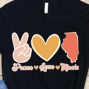 Frieden Liebe Bundesstaat Illinois SVG, Png, Karte Bundesstaat Illinois, Retro Bundesstaat Illinois Blume SVG Cricut Cut Datei Silhouette Sublimation Design