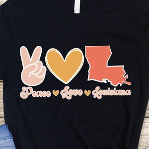 Frieden Liebe Louisiana Bundesstaat SVG, Png, Karte von Louisiana, Retro Louisiana Blume SVG Cricut Cut Datei Silhouette Sublimation Design