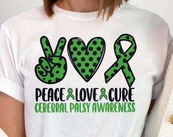 May include: White t-shirt with a green peace sign, green heart with white polka dots, and a green ribbon with white polka dots. The text "Peace Love Cure Cerebral Palsy Awareness" is printed below the symbols.