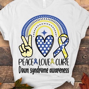 Down Syndrome Awareness svg png,Peace Love Cure,Down Syndrome Survivors Svg,Down Syndrome Svg, Blue Yellow png, World Down Syndrome Day png,