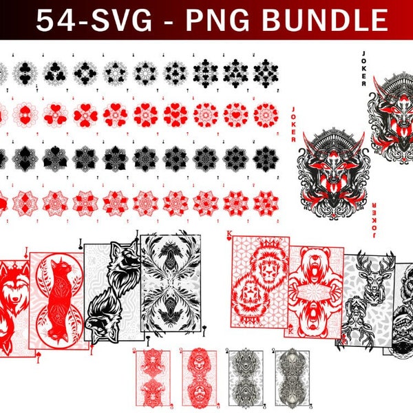 Full Deck Playing Cards PNG, 52 Printable Poker Keno Animals SVG, Playing Cards SVG,Sticker design,Spades Clubs Hearts Diamonds King Queen,