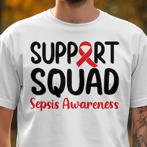Sepsis Awareness Svg Png, Support Squad Svg, Bloodstream Infection Septicemia Red Ribbon Svg Cricut Sublimation Design