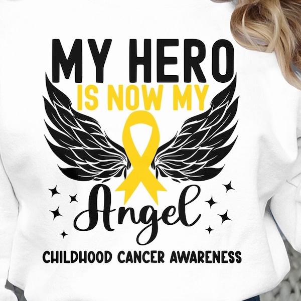 Kindheit Krebs Bewusstsein SVG Png, mein Held ist jetzt mein Engel SVG, Kinder Krebs Bewusstsein SVG, Gold Ribbon SVG Cricut Sublimation