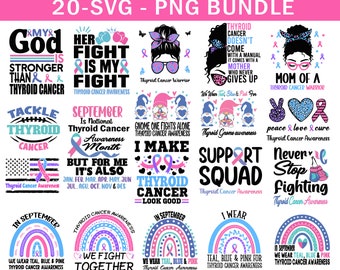 Thyroid Cancer Awareness Svg Png Bundle, Thyroid Cancer Ribbon Warrior Survivor Flag Family Support Svg Cricut File Png Sublimation Designs