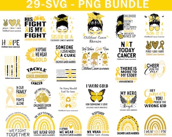 Childhood Cancer Awareness Svg Png Bundle, Pediatric Cancer Warrior Survivor Family Support Gold Ribbon Svg Cricut Png Sublimation Designs