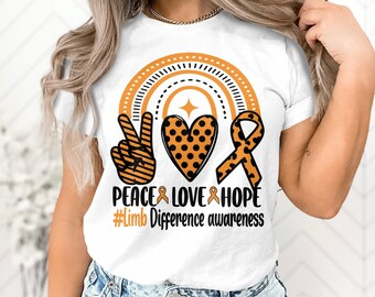 Gliedmaßen Verlust Awareness SVG Png, Frieden Liebe Hoffnung Regenbogen SVG, Orange Ribbon svg, Gliedmaßen Unterschied SVG Cricut geschnitten Datei Sublimation Design