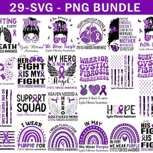 Puede incluir: Un conjunto de 29 diseños digitales con gráficos morados y negros con texto relacionado con la concienciación sobre la fibrosis quística. Los diseños incluyen mariposas, cintas, corazones, arcoíris y texto como "Fight Hard Fight Strong", "My Hero is Now My Angel", "Warrior Cystic Fibrosis Awareness", "Support Squad", "We Wear Purple", y "His Fight is My Fight".
