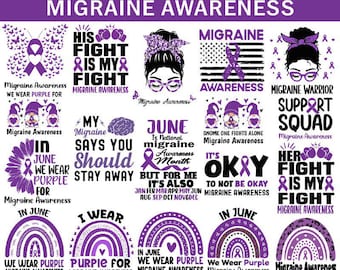 May include: A selection of purple and white graphics with text promoting migraine awareness. Designs include phrases such as "His Fight Is My Fight", "We Wear Purple", and "June is National Migraine Awareness Month".