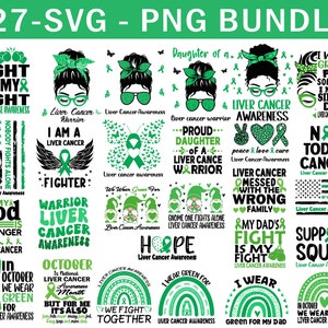 Liver Cancer Awareness Svg Png Bundle, Emerald Green Ribbon Svg, Liver Cancer Warrior Survivor Family Support Svg Cricut Sublimation Designs