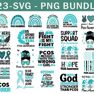 PCOS 啓発 SVG PNG バンドル、卵巣症候群 ティール リボン SVG、PCOS 戦士サバイバー フラッグ 家族サポート Cricut ファイル PNG 昇華デザイン