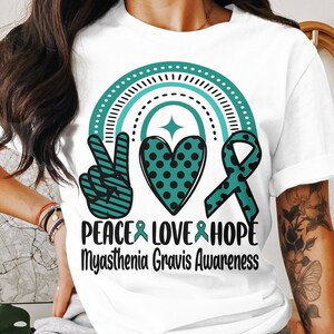 Miastenia Gravis Conscientização Svg Png, Peace Love Hope svg, Teal Ribbon Svg, MG Suporte Svg Cricut File Sublimation