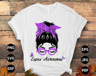 Lupus Awareness Svg Png, Lupus Messy Bun Svg, Support Lupus Purple Ribbon Svg Cricut File Sublimation Design