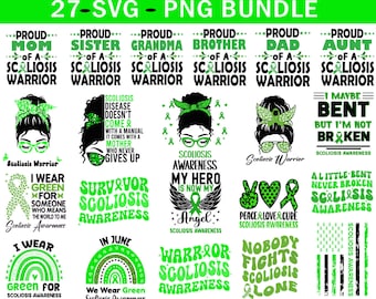 Scoliosis Awareness Svg Png Bundle, Scoliosis Warrior Svg, Green Ribbon Svg, Scoliosis Spine Support Svg Sublimation Design