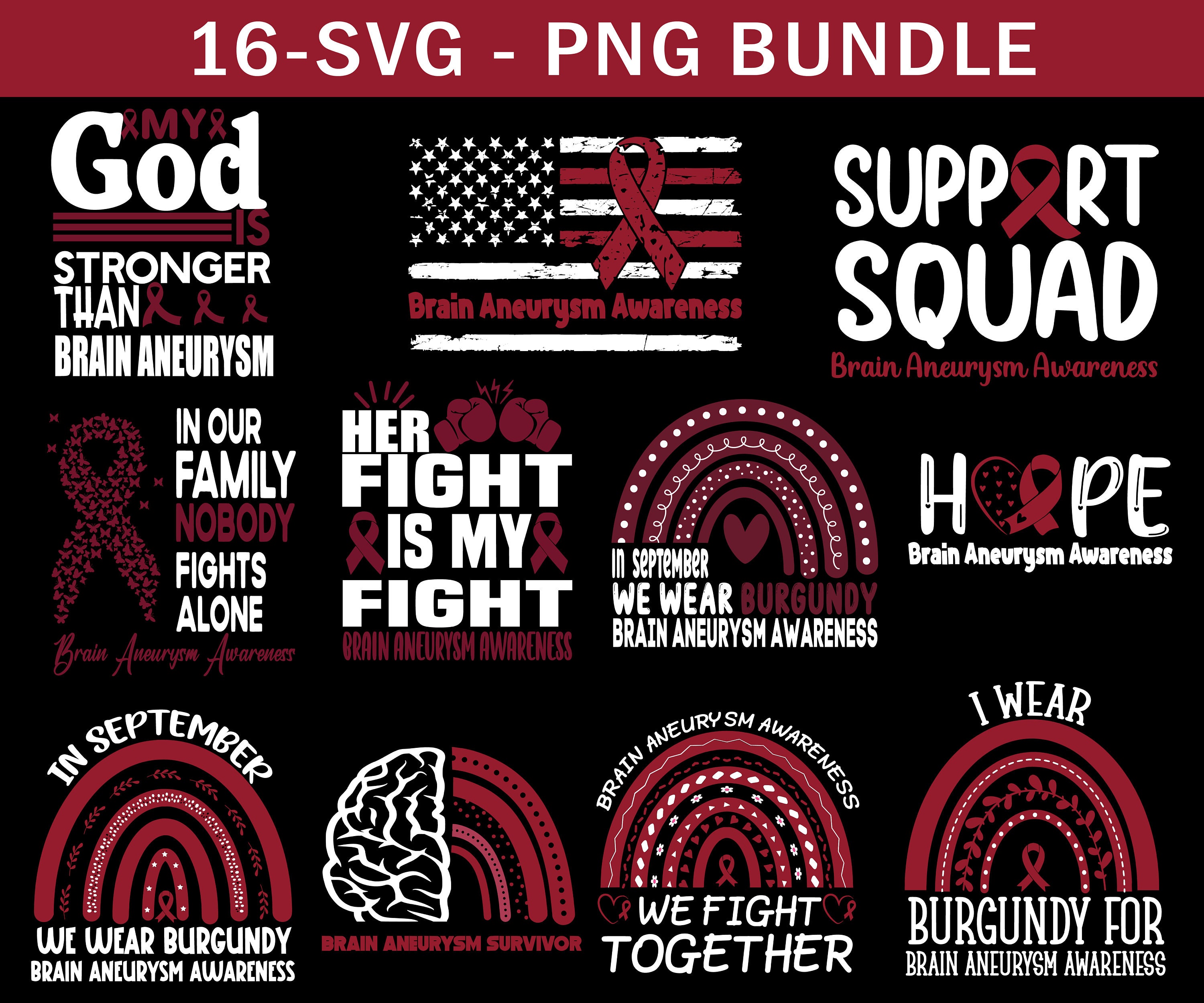 Brain Aneurysm Awareness Svg Png Bundle, Burgundy Ribbon Svg Cricut ...