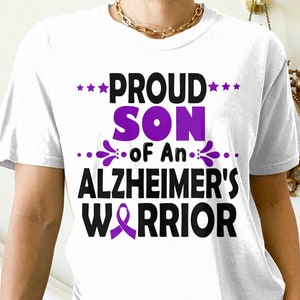 Sensibilisation à la maladie d’Alzheimer Svg Png, Fier fils d’un guerrier de la maladie d’Alzheimer Svg, Ruban violet Alzheimer Support Cricut Sublimation Design