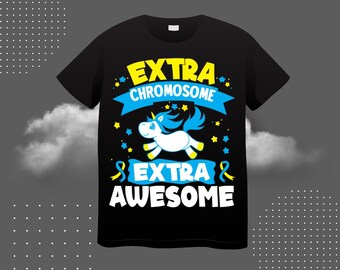 Pode incluir: Camiseta preta com um gráfico de unicórnio azul e amarelo e o texto "Extra Chromosome Extra Awesome".