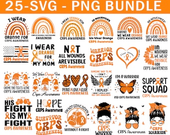 Può includere: Un set di 25 design digitali con grafica arancione e nera con testo relativo alla consapevolezza della CRPS. I design includono farfalle, gnomi, cuori, nastri e guantoni da boxe. Il testo include frasi come "Indossare l'arancione per la consapevolezza della CRPS", "Guerriero CRPS", "Squadra di supporto" e "La sua lotta è la mia lotta".