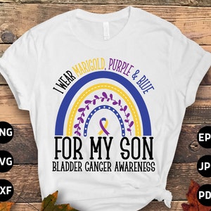 Concientización sobre el cáncer de vejiga Svg Png, uso caléndula púrpura y azul para mi hijo Svg, soporte de cinta de cáncer de vejiga Svg Cricut Sublimación de archivos