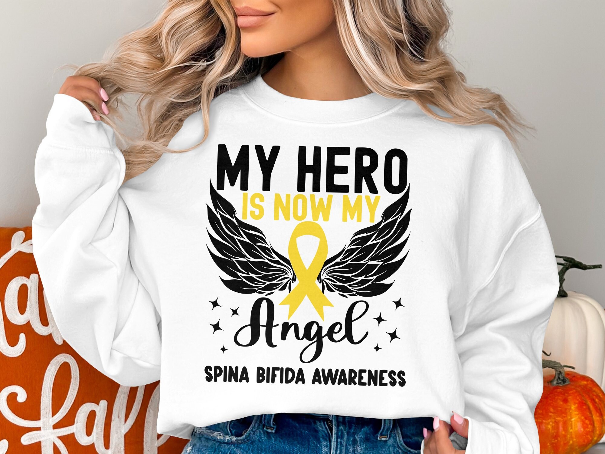 Spina Bifida Awareness Svg Png, my hero is now my angel Svg, Yellow Ribbon Svg Cricut Sublimation Design