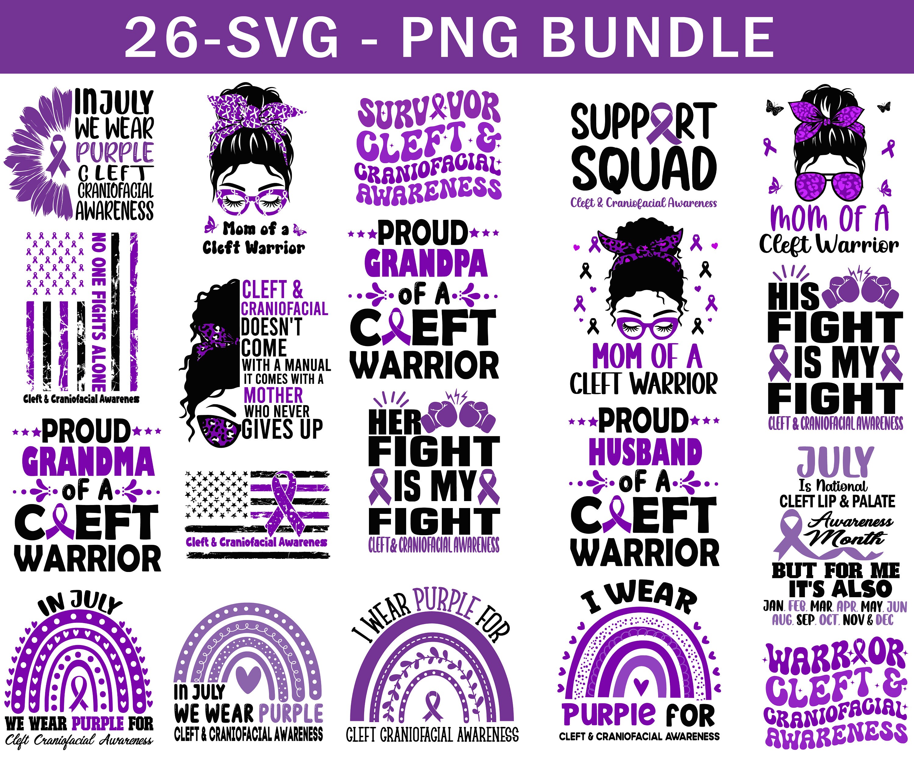 Paquete de SVG y PNG de Concienciación sobre la Hendidura Craneofacial, SVG de Cinta Morada, Diseño de Sublimación para Apoyo al Paladar Hendido