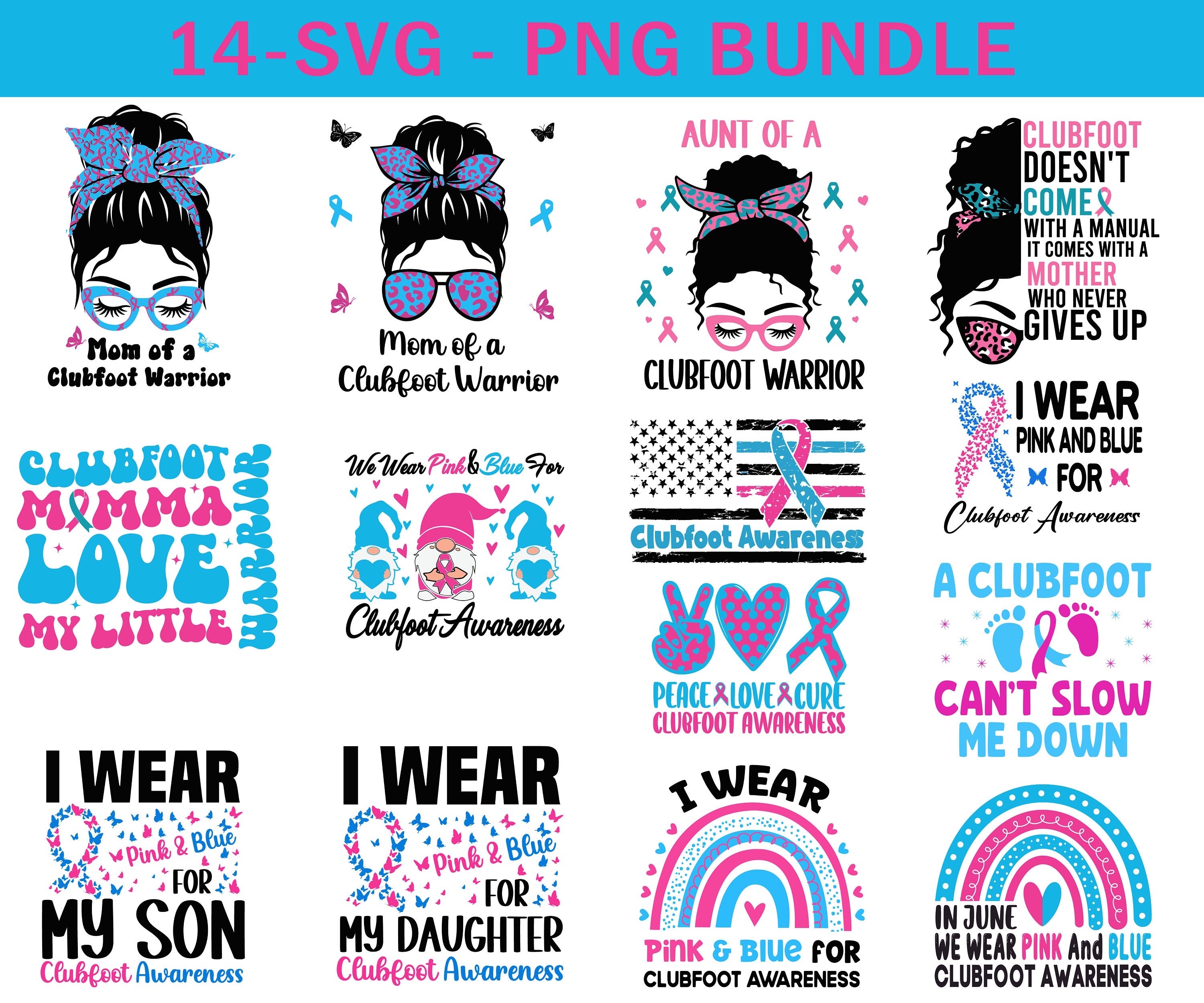 Klumpfuß-Bewusstseins-Svg-Png-Bundle, rosa und blaues Band svg Cricut Sublimationsentwürfe