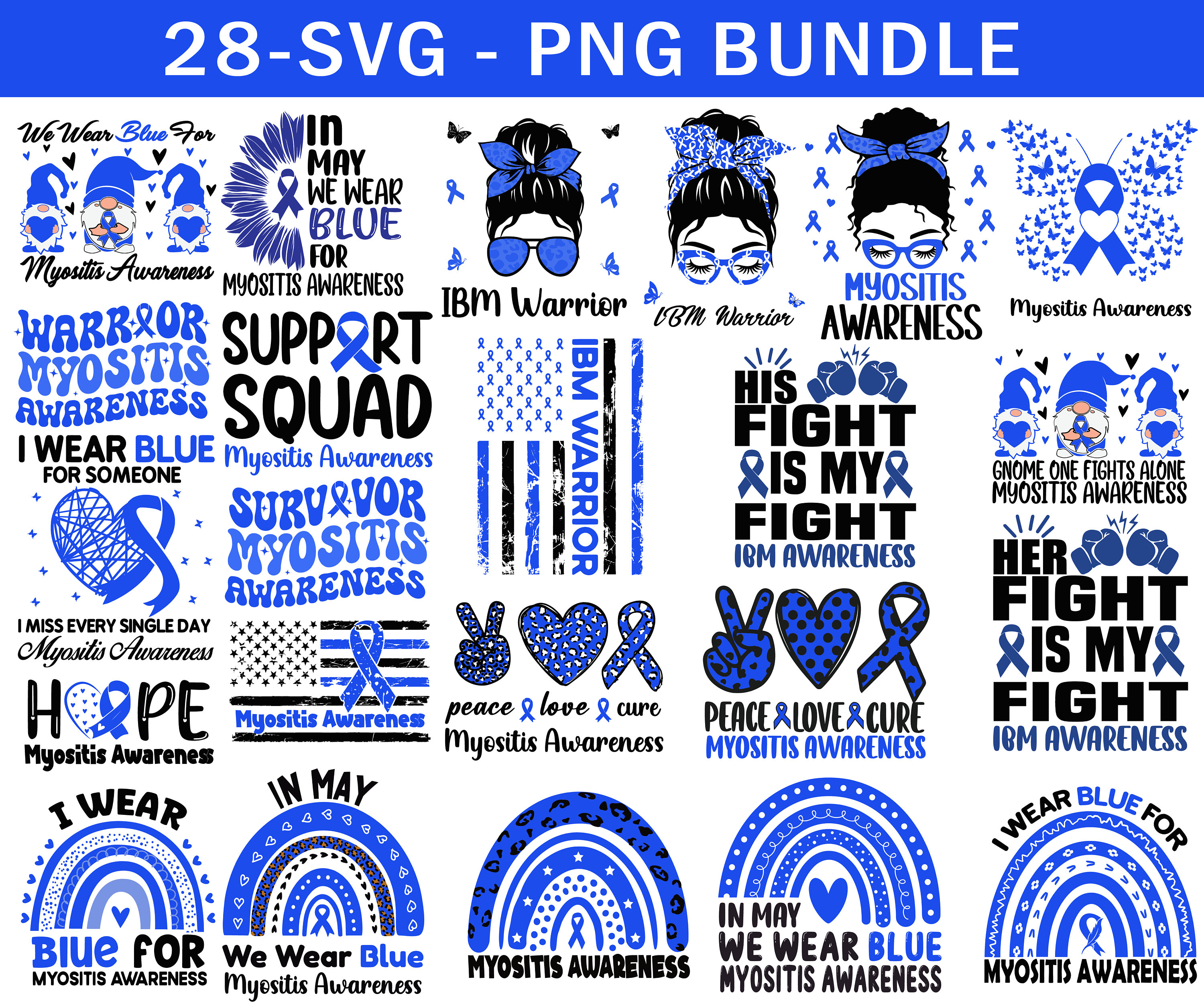 Myositis Awareness Svg Png-bundel, blauw lint Svg Cricut Png subliamtion ontwerpen