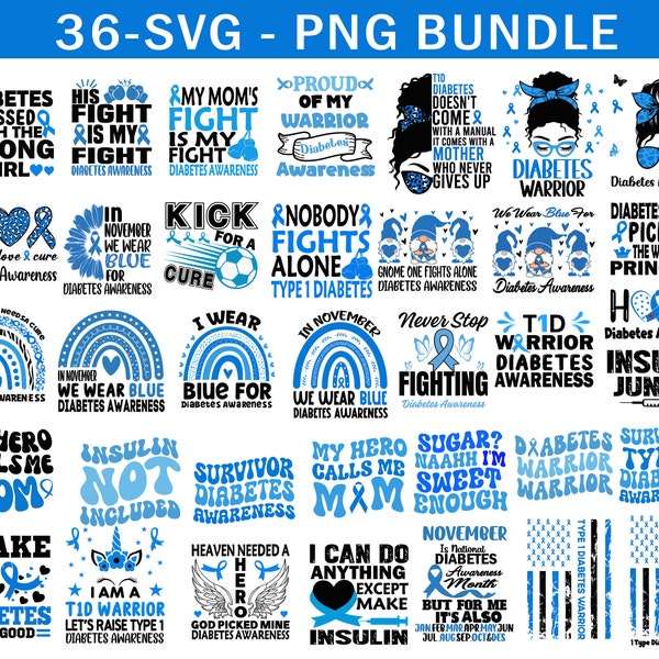 Diabetes Awareness Svg Png Bundle, Diabetes Warrior Svg, Blue Ribbon Svg, Type 1 Diabetes T1D Awareness Svg Cricut