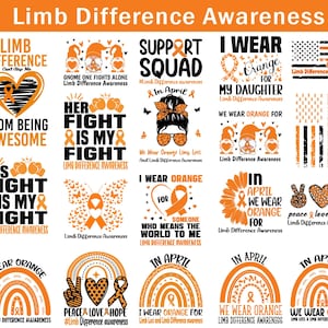 Peut inclure: Une collection de 12 designs numériques mettant en scène des rubans orange et du texte en lien avec la sensibilisation à la différence de membres. Les designs incluent des phrases comme "Limb Difference Can't Stop Me", "Her Fight Is My Fight", "Support Squad", "I Wear Orange For My Daughter", "In April We Wear Orange", et "Peace Love Hope".
