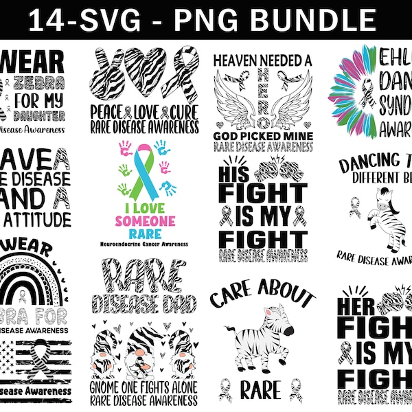 Ensemble Svg PNG de sensibilisation aux maladies rares, Svg ruban zébré, Svg syndrome d'Ehlers-danlos, Svg Png maladies chroniques rares Cricut Sublimation Designs