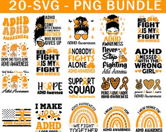Può includere: Un set di 20 design digitali con grafica arancione e nera con testo relativo alla consapevolezza dell'ADHD. I design includono gnomi, nastri, cuori, simboli di pace e arcobaleni. Il testo include frasi come "Consapevolezza dell'ADHD", "Nessuno combatte da solo", "La sua lotta è la mia lotta" e "Lottiamo insieme".