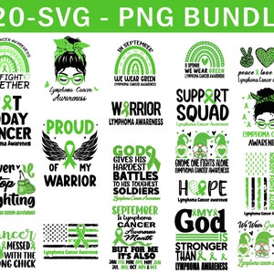 Könnte beinhalten: Ein Set mit 20 digitalen Designs mit grünen und schwarzen Grafiken mit Text zum Thema Lymphom-Krebs-Bewusstsein. Die Designs beinhalten Slogans, Bänder und Illustrationen.