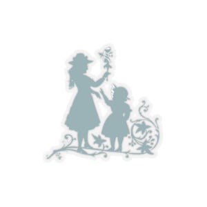 May include: A blue silhouette of two figures, a woman and a child, standing in a garden setting. The woman is holding a bouquet of flowers and the child is looking up at her. The silhouette is surrounded by stylized floral designs.