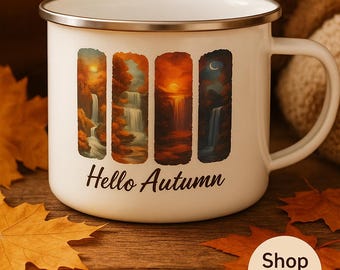 Tazza "Ciao Autunno" / Tazza da caffè smaltata autunnale / Tazza da campeggio con cascata autunnale / Regalo autunnale accogliente / Tazza stagionale per gli amanti del caffè e del tè