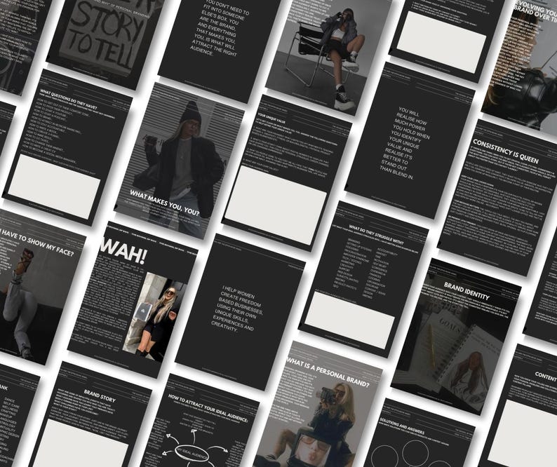 May include: A collection of black and white images with text about personal branding. The text includes "What makes you, you?", "Story to tell", "Consistency is Queen", "Brand Identity", "How to attract your real audience", and "What is a personal brand?"