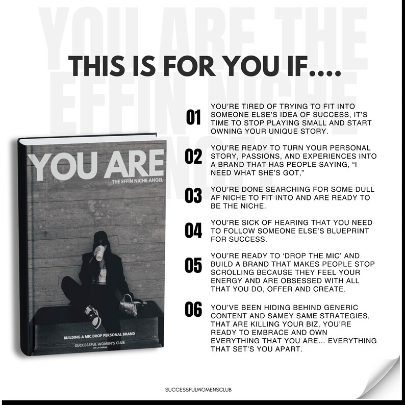 May include: A motivational poster with the text "This is for you if..." and a list of six reasons why someone might be ready to build their own brand. The poster features a book titled "You Are" with the subtitle "The Effin Niche Angel".