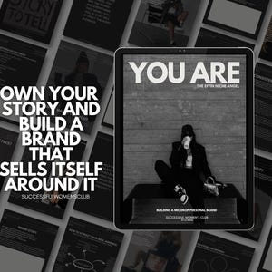 May include: A digital tablet displaying a black and white image of a person sitting on a bench. The text "YOU ARE" is displayed in large white letters at the top of the tablet. The text "THE EFFIN NICHE ANGEL" is displayed in smaller white letters below the "YOU ARE" text. The text "BUILDING A MIC DROP PERSONAL BRAND" is displayed in smaller white letters at the bottom of the tablet. The text "SUCCESSFUL WOMEN'S CLUB" is displayed in even smaller white letters below the "BUILDING A MIC DROP PERSONAL BRAND" text.