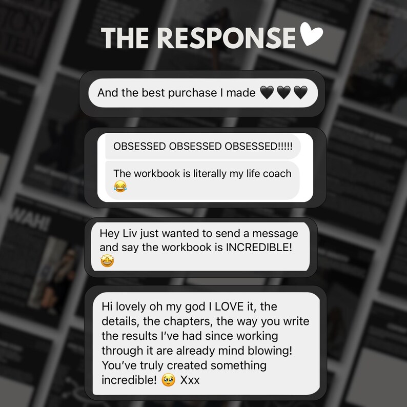 May include: A screenshot of a social media conversation about a workbook. The text reads "The Response" and includes several positive reviews about the workbook. The reviews mention the workbook being "obsessed" and "incredible".