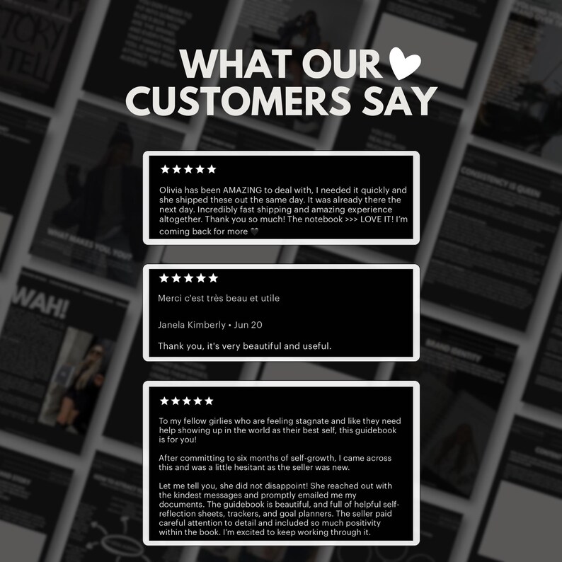 May include: A collage of customer testimonials about a self-growth guidebook. The testimonials highlight the guidebook's helpful content, fast shipping, and positive impact on personal growth.