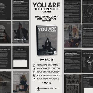May include: A black and white digital download guide titled "You Are The Effin Niche Angel" with the subtitle "How to 'Mic Drop' Your Personal Brand". The guide features 80+ pages of content on personal branding, including what makes you, you, your brand journey, your brand elements, your ideal audience, and more.