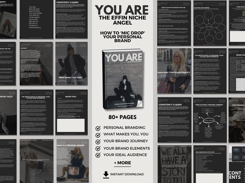 May include: A black and white digital download guide titled "You Are The Effin Niche Angel" with the subtitle "How to 'Mic Drop' Your Personal Brand". The guide features 80+ pages of content on personal branding, including what makes you, you, your brand journey, your brand elements, your ideal audience, and more.