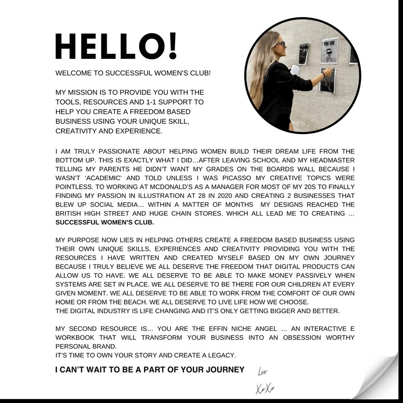 May include: A motivational poster with a woman in a white shirt and jeans standing in front of a wall with framed photos. The poster features the text "HELLO! WELCOME TO SUCCESSFUL WOMEN'S CLUB!" and "I CAN'T WAIT TO BE A PART OF YOUR JOURNEY".