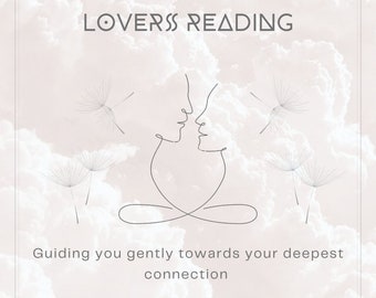 May include: A digital illustration of two faces facing each other, with a line drawing of a heart shape below. The image is set against a background of white clouds with a light pink hue. The text "LOVERSS READING" is at the top of the image. The text "Guiding you gently towards your deepest connection" is at the bottom of the image. The text "The High Maintenance Hippie" is at the bottom of the image.