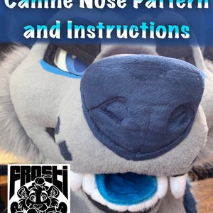 May include: Close-up of a gray and blue plush dog head with a detailed nose and teeth. The dog's mouth is open, revealing a blue tongue. The image is titled "Canine Nose Pattern and Instructions".