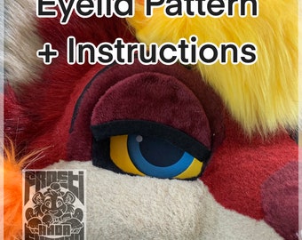 May include: Close-up of a furry red, white, and yellow animal head with a black eye patch and blue and yellow eye. The text "Eyelid Pattern + Instructions" is at the top of the image. The text "Frosti  Shroom Sundae" is in the lower left corner of the image.