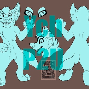 May include: A light blue wolf character base for digital art. The base includes a front view, back view, and a close-up of the head. The base is outlined in black.