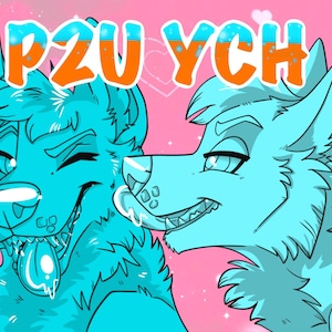 May include: Digital illustration featuring two anthropomorphic wolf characters in shades of blue, set against a pink background with hearts and sparkles. The text "P2U YCH" is displayed in orange and blue. The artwork has a cartoon style.
